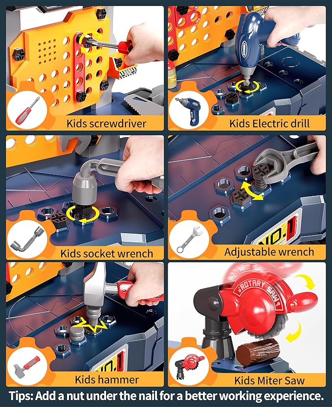 Deejoy Kids Tool Bench with Realistic and Electric Drill, Construction Workbench Toys for Toddlers 3-5, Toddler Bench Set for Boys & Girls Age 3-4 (with Work Clothes)