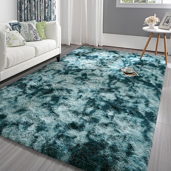 Pettop Fluffy Tie-Dye Peacock Blue Rug for Bedroom Living Room, 4x6 Feet Super Soft Shaggy Plush Fuzzy Rugs for Girls Kids Boys, Non-Slip and Washable Rug for Nursery Classroom, Carpet for Rooms Decor