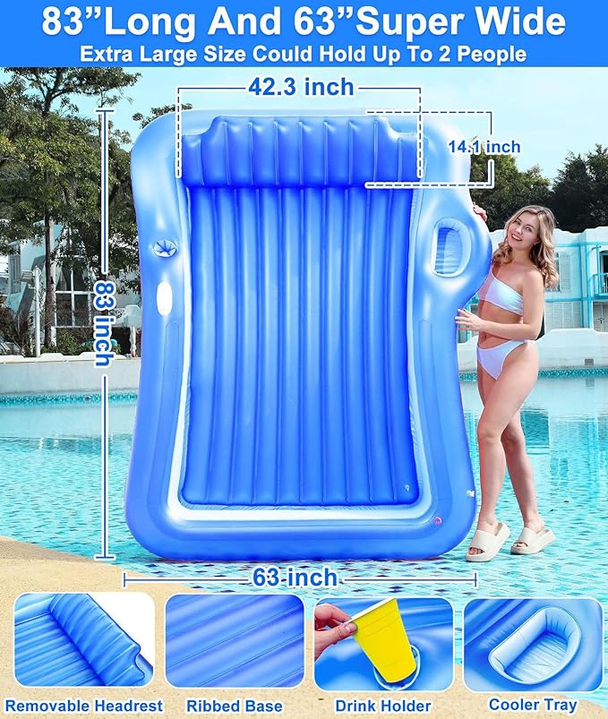 Inflatable Tanning Pool Lounger Float with Sprinkler, 83" x 63" Extra Large Pool Floats Adult with Pillow Cooler Tray, 6 in 1 Suntan Tub Raft Floatie Sunbathing Bed Water Summer Backyard Fun XL-Blue