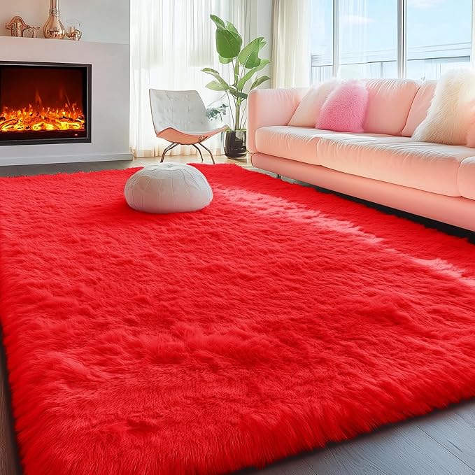 PAGISOFE Soft Modern Red Area Rug, 4x6 Feet, Shaggy Indoor Rug for Kids Room Decorative Carpet, Fuzzy Rug for Babies, Nursery, Dorm, Non Slip Rug for Boys Girls, Teen's Room
