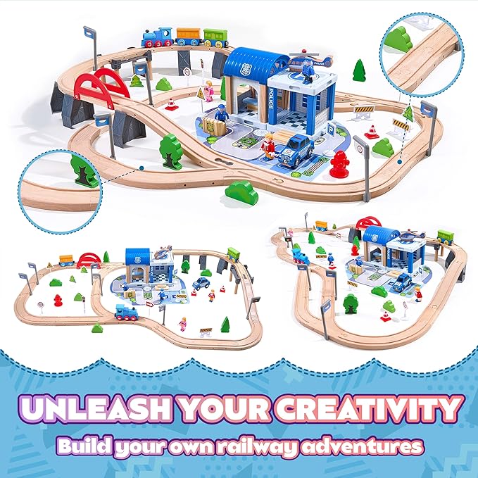 102-Piece Wooden Train Set for Kids Ages 3-8 | Expandable & Customizable Track | Safe, Non-Toxic STEM Toy Gift for Toddlers & Children | Compatible with Major Brands