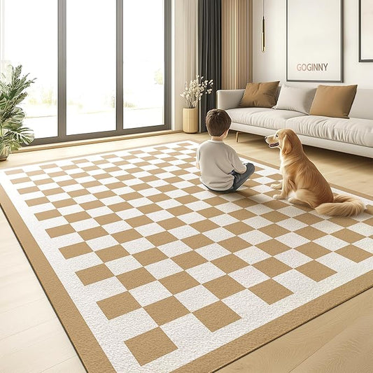 Washable 9x12 Checkered Area Rug for Living Room, Tan Brown Checkerboard Modern Boho Large Rugs, Ultra Thin Low Pile Lightweight Indoor Carpet with Non-Slip Backing for Bedroom Kids Nursery Play Room
