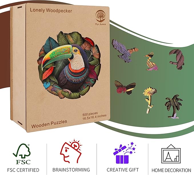 Unique Wooden Jigsaw Puzzles - Mandala Parrot, 500 Pcs King Size 16.5'' x 16.4'', Luxurious Shaped Wood Puzzle, Beautiful Package, Best Gift for Adults and Kids, Family Game