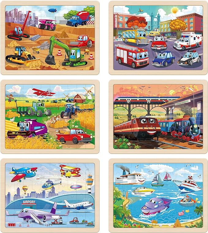 SYNARRY Wooden Vehicle Puzzles for Kids Ages 4-6, 6 Packs 60 PCs Jigsaw Puzzles Preschool Educational Toys Gifts for Children Ages 4-8, Kids Toys Gifts for 4+ Year Olds Boys Girls