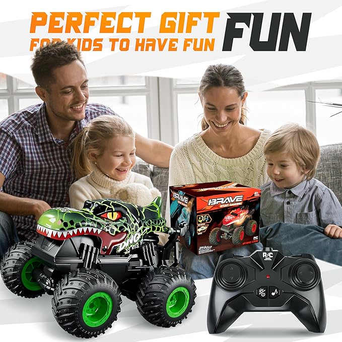 BEZGAR Monster Truck Toys - Remote Control Monster Truck with Light & Music, Dinosaur Toys for Kids, 1:20 Scale RC Truck with 360° Spins and Drifting, Remote Control Car for Boys 4-7