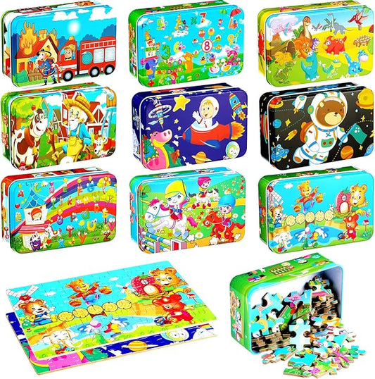 Libima 9 Boxes Party Favors Jigsaw Puzzles in a Metal Box for Age of 4-8 Wooden Puzzle for Ages 4-8 Boys and Girls Learning Educational Toys 9 Styles(Cool Style)