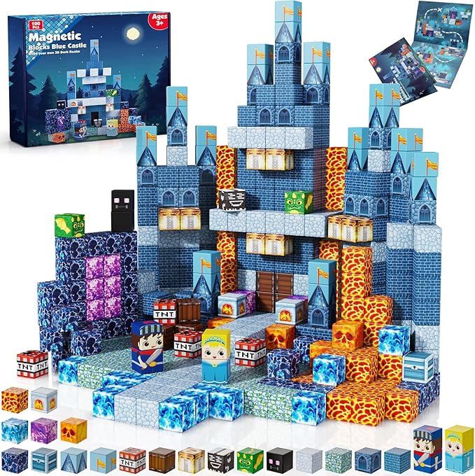 Magnetic Blocks - 100 PCS Build Blue Castle Christmas - Magnetic Toys for Montessori Toddler Christmas Birthday Gifts - STEM Sensory Toys for 3 4 9 10 Year Old Boys & Girls