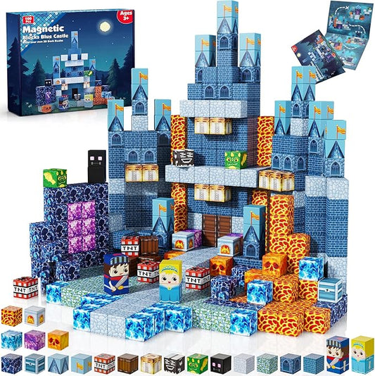 Magnetic Blocks - 100 PCS Build Blue Castle Christmas - Magnetic Toys for Montessori Toddler Christmas Birthday Gifts - STEM Sensory Toys for 3 4 9 10 Year Old Boys & Girls