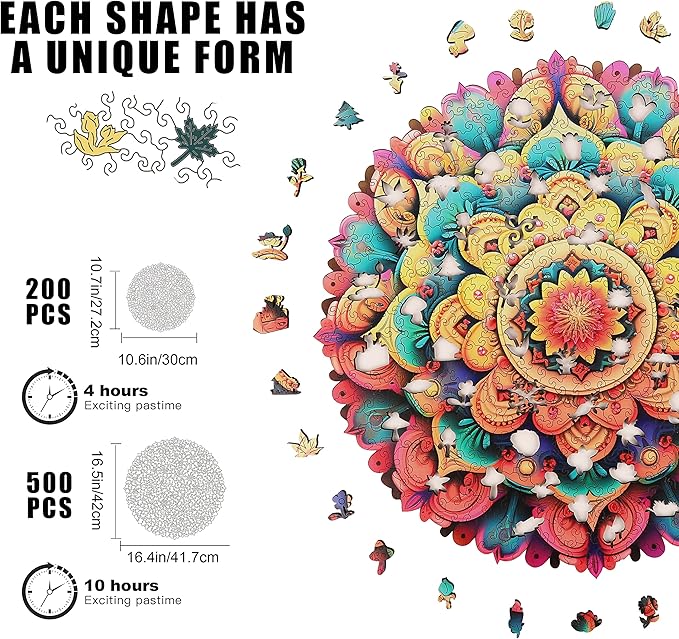 Unique Wooden Jigsaw Puzzles - Flower Mandala, 500 Pcs King Size 16.5'' x 16.4'', Luxurious Shaped Wood Puzzle, Beautiful Package, Best Gift for Adults and Kids, Family Game