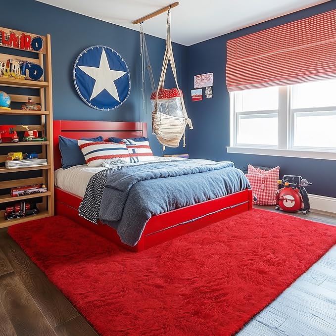 PAGISOFE Soft Modern Red Area Rug, 4x6 Feet, Shaggy Indoor Rug for Kids Room Decorative Carpet, Fuzzy Rug for Babies, Nursery, Dorm, Non Slip Rug for Boys Girls, Teen's Room