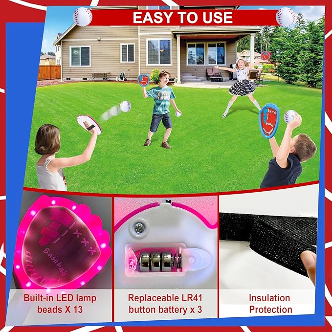 Toss and Catch Ball Game Set,Light-Up Kids Baseball Glove Sticky Mitt, Velcro Ball and Catch Games for Kids Ages 3-12, Football & Baseball Camping/Yard/Outdoor Sports Toy,Outdoor Game for Kids