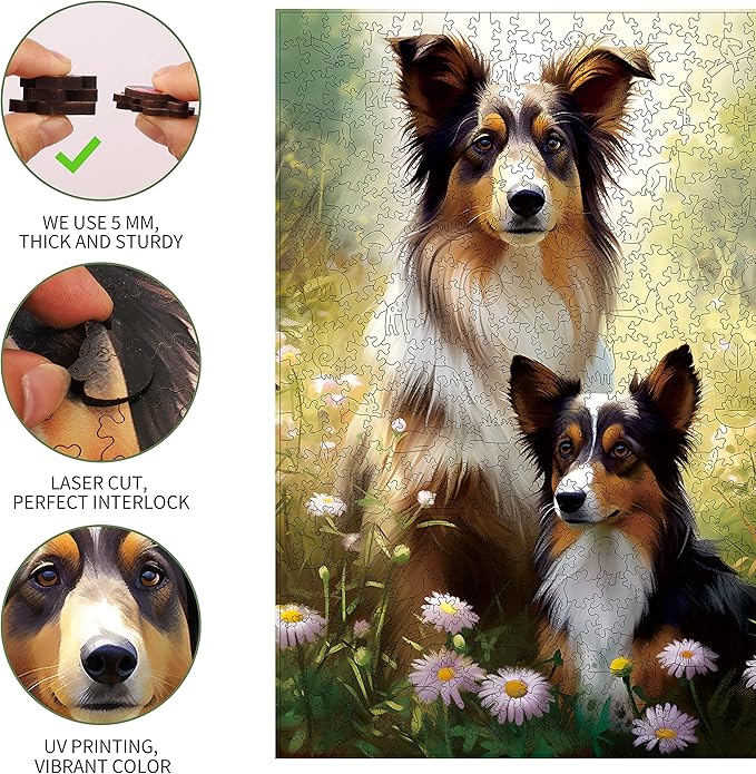 Unique Wooden Jigsaw Puzzles - Shetland Sheepdog, 200 Pcs Medium Size 8.9'' x 12.6'', Luxurious Animal Shaped Wood Puzzle, Beautiful Package, Best Gift for Adults