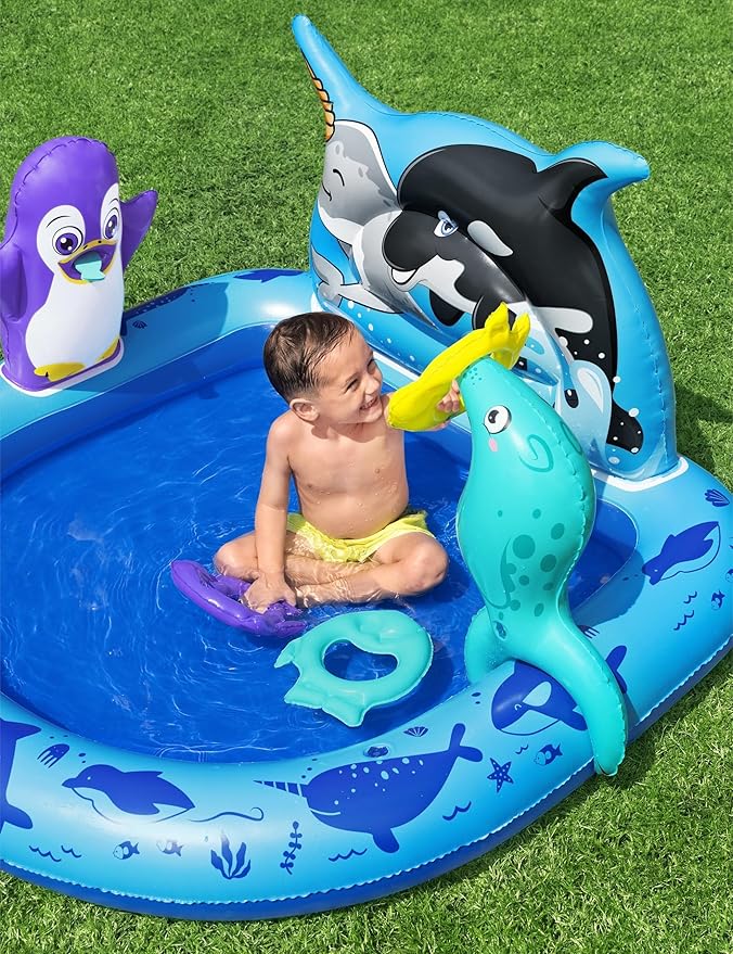 Bestway H2OGO! Polar Pals Kids Inflatable Water Play Center (53" x 51.5" x 28.5") | Outdoor Summer Pool Toy for Children Ages +2
