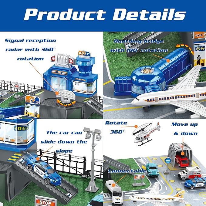 Airplane Toy Set with Trucks, Helicopter, Planes, Signs and Airport Playmat, Interactive Early Learning Toys for Boys Girls, Great Gift for Birthday