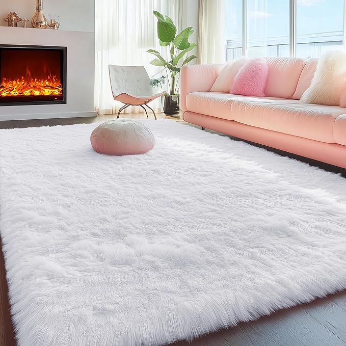 PAGISOFE Fluffy Shaggy Area Rug 5x8, Plush Rugs for Living Room, Fuzzy Rug for Nursery, Furry Rugs for Girls Boys Bedroom, Shag Carpet for Dorm Room, Soft Rug for Kids Playroom Decor,Office White