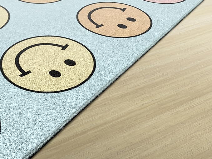 Flagship Carpets Schoolgirl Style Pastel Rainbow Smileys Criss-Cross Applesauce Educational Area Rug for Kids Room, Children's Classroom for Teaching and Playroom, 7'6" x 12', Multi, Seats 28