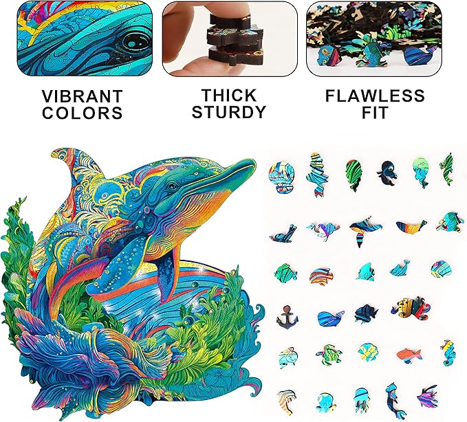 Wooden Puzzles, Dolphin Jigsaw Puzzles 500 Pieces, Unique Shaped Wooden Puzzles for Adults and Kids, Family Game 17.4 x 16.8 Inch