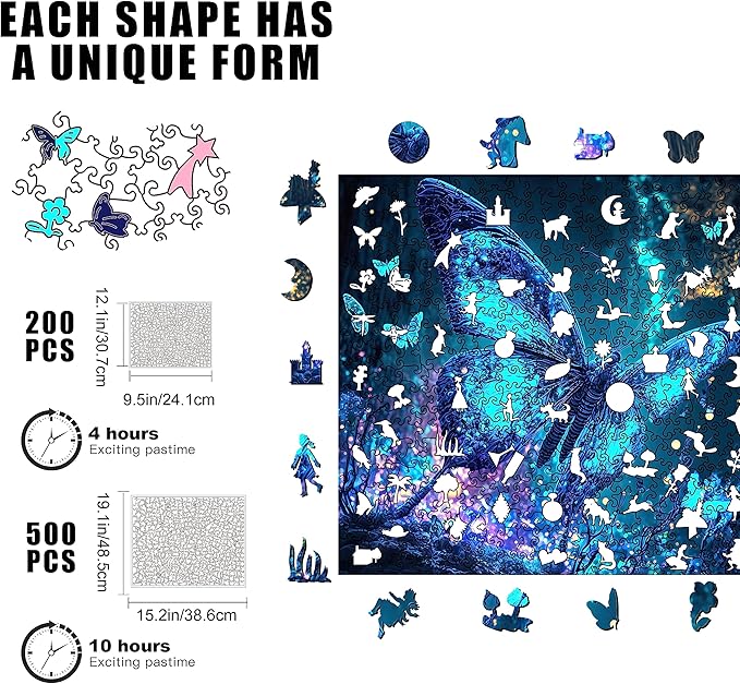 Wooden Puzzles, Fluorescent Butterfly Jigsaw Puzzles 200 Pieces, Unique Shaped Wooden Puzzle for Adults and Kids 9.5 x 12.1 Inch