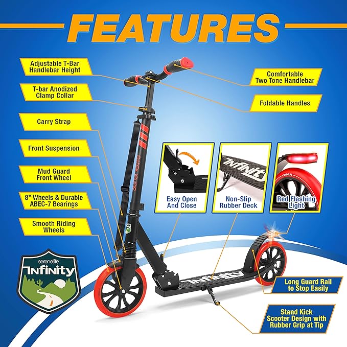 SereneLife Kick Scooter Adult Teenagers Kids- 2 Wheel Kids Scooter with Adjustable T-Bar Handlebar - Alloy Anti-Slip Deck - Portable Folding Scooters for Kids with Carrying Strap