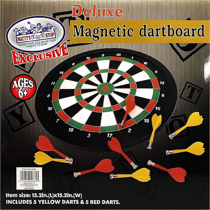 Matty's Toy Stop Deluxe Magnetic Dartboard (Dart Board) 15.5" with 10 Darts Total (5 Yellow & 5 Red)