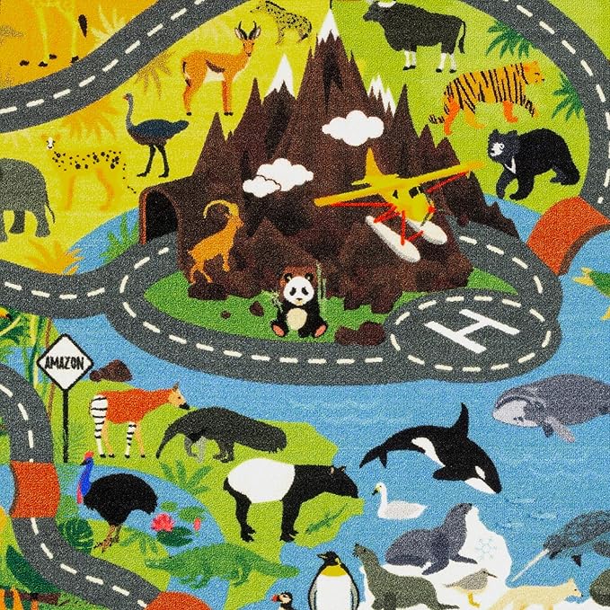 KC Cubs Playtime Collection Animal Safari Road Map Learning and Game Area Carpet for Kids and Children Bedrooms and Playroom (5' 0" x 6' 6") Educational Rug, 5 ft x 6 ft (6 in), Multi