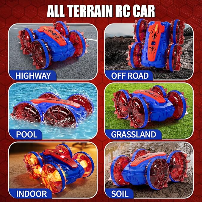 Remote Control Amphibious Gesture RC Boat Car - 4WD Waterproof Stunt Vehicle With LED Lights, Water Beach Pool Toys for Kids Ages 4-12 - Gifts for Boys Girls (Blue&Red)