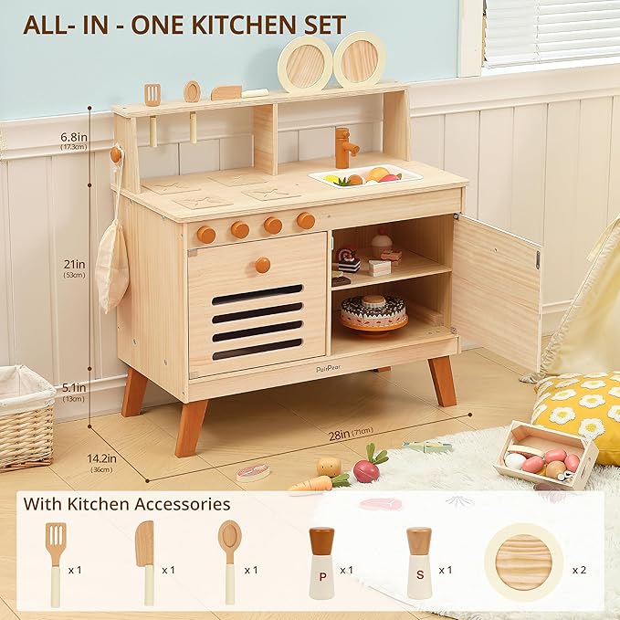 PairPear Play Kitchen Set for Kids, Wooden Toy Kitchen with Accessories & Play Food, Natural Wood Kids Kitchen for Imaginative Cooking & DIY Crafting - Ideal Gift for Toddlers Age 3+