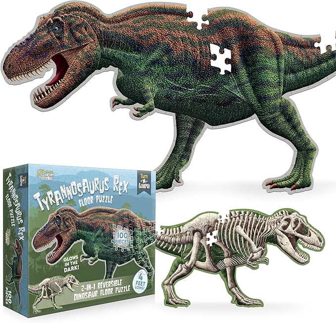 Tyrannosaurus Rex Dinosaur Jigsaw Puzzle | 100-Piece Double Sided Floor Puzzle with Glow-in-The-Dark Skeleton On Other Side | 4 FT Scientifically Accurate Dino Illustration | Educational Toy for Kids