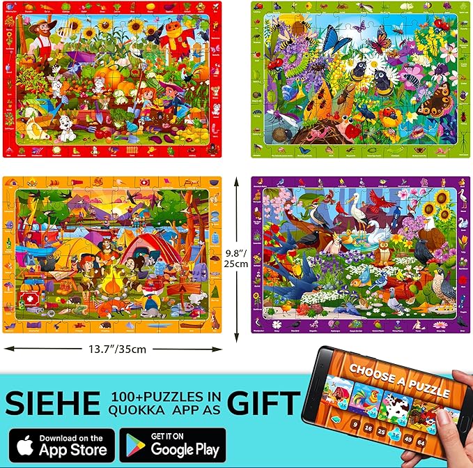 QUOKKA Puzzles for Kids Ages 6-8 - Toddler Puzzles Ages 4-6 - 4-Pack 60 Piece Search and Find Animals and Bugs Jigsaw Puzzle 5-8 - Learning Toys for 3 Year Old Boys and Girls - Educational Games Gift