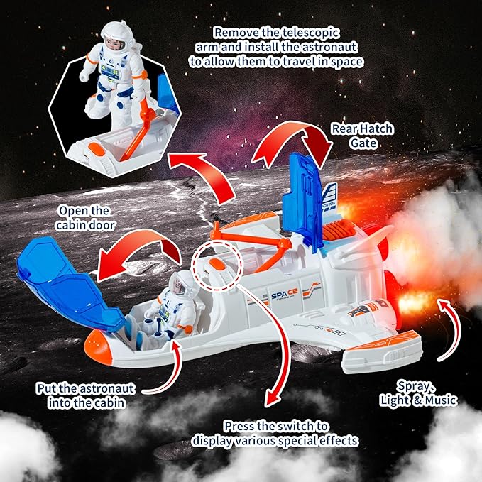 Spaceship Shuttle Toy with Astronaut Figure - Toy Rocket Ship with Lights Spray and Sound - Space Shuttle Toys Sets for Boys Planet Toys - Astronaut Exploration Birthday Plane Gift