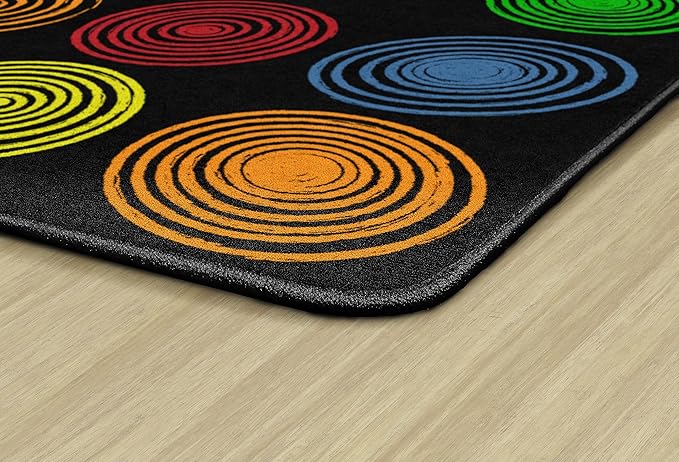 Flagship Carpets Circles Abstract Educational Area Rug for Kids Room Seating Décor, Children's Classroom, Play Carpet for Teaching and Playroom, Seats 20, 6' x 8'4", Black & Multi Color