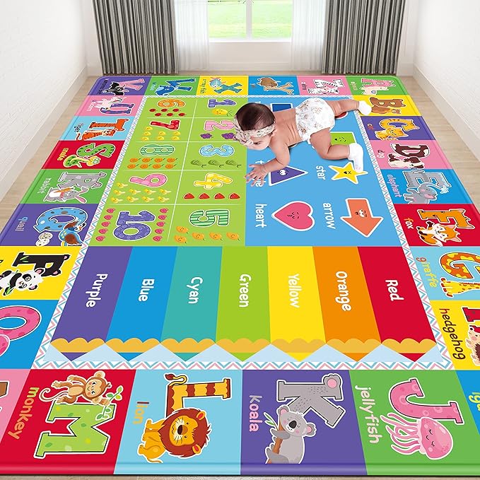 Kids Play Rug for Playroom, ABC Educational Area Rug, Toddler Baby Play Mat, Alphabet Animal Soft Non-Slip Kids Rug Carpet for Boy Girl Bedroom (110X78.7 INCH Green)