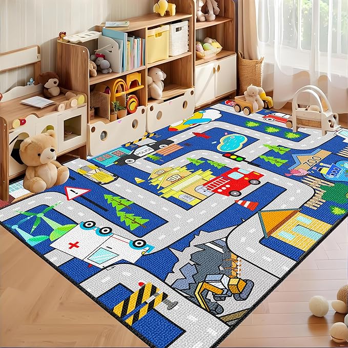 Kids Carpet Playmat Rug - Kids Car Rug Play Mat, City Life Map Car Mat for Kids Toy Cars Educational Play Traffic Road Carpet for Bedroom (Sky Blue, 3x5 Feet)