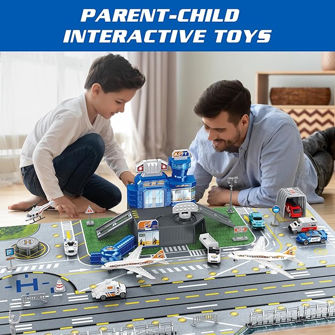 Airplane Toy Set with Trucks, Helicopter, Planes, Signs and Airport Playmat, Interactive Early Learning Toys for Boys Girls, Great Gift for Birthday