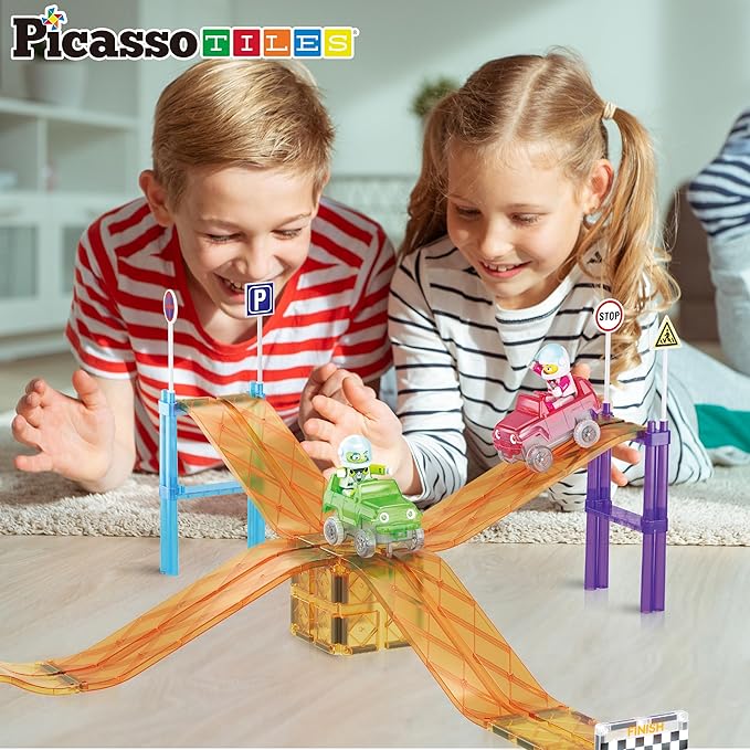PicassoTiles Magnetic Race Track Car Slide Magnet Building Blocks Tiles Sensory Toys for Kids Toddlers Include Trucks Character Action Figures STEM Learning Kit Races School Age 3+ year Old Boys Girls