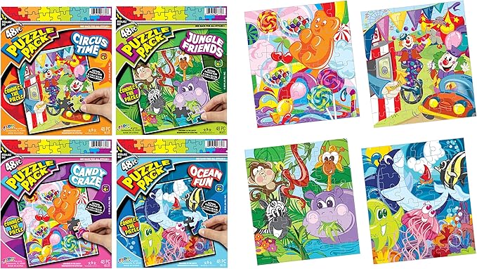JA-RU Mini 48 Piece Puzzles for Kids Ages 4-8 Years & Up (4 Pack Assorted) with Resealable Travel Bag. Animal Puzzle Party Favors. Jigsaw Puzzles for Preschoolers. 6770-4s