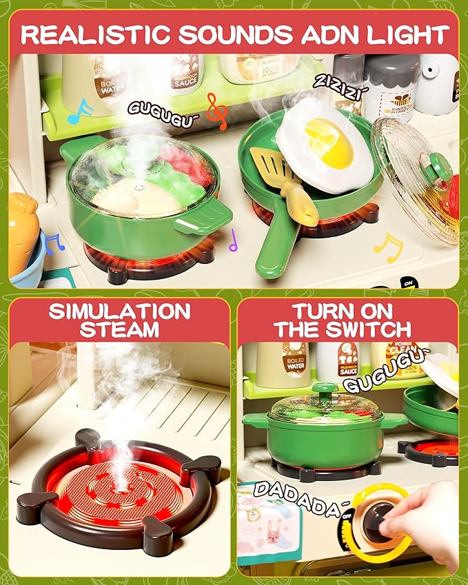 33.8IN - 70PCS Kids Kitchen Playset with Sound & Light - Cooking Stove with Steam, Play Sink and Toy Kitchen Accessories - Pretend Kitchen Play Food Toys for Kids Boys Girls - Toddler Play Kitchen Set