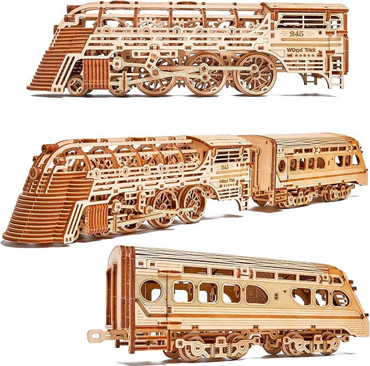 Wood Trick Atlantic Express Train 3D Wooden Puzzles for Adults and Kids to Build - 26.7x4 in - Rides up to 9 ft - Mechanical Locomotive Model Kit for Adults and Kids