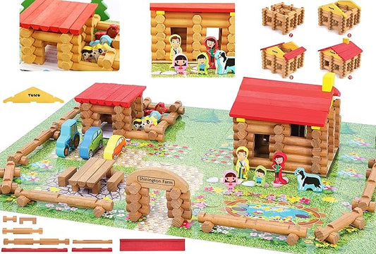 Wooden Logs Toys Farm Playset- Logs Building Set Farm House Wooden Construction Toys 207 Pieces for 3 4 5 6 Year olds
