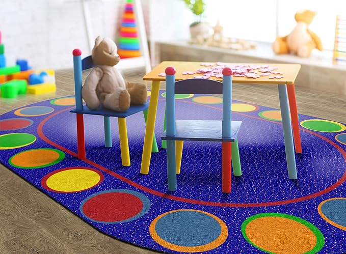 Flagship Carpets Sitting Spots Seating Oval Area Rug for Children's Classroom or Kids Playroom, and Home Learning Carpet, Seats 20, 6' x 8'4", Blue