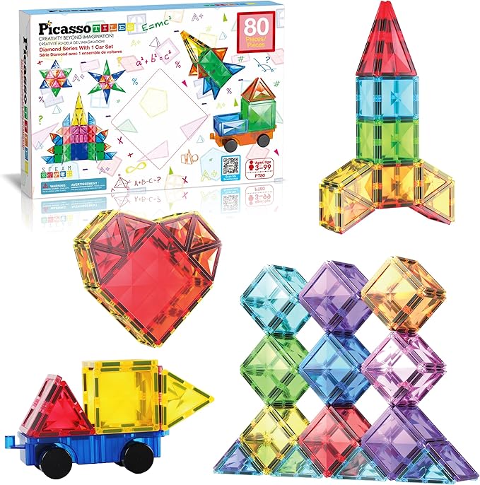 PicassoTiles 80 Pieces Magnetic Building Tiles Magnet Toys Diamond Educational Playset for STEM Sensory Gifts Kid Brain Development Stacking Blocks Construction Set