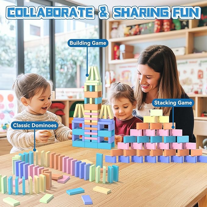 VigorFun 1000+ PCS Dominoes Set for Kids - Wooden Dominos with Extra Blocks and Storage Bag, Building Stacking Game Toys for 3+ Year Old Boys Birthday Gifts