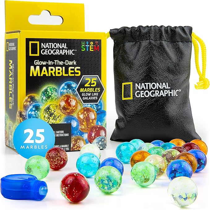 NATIONAL GEOGRAPHIC Glow in The Dark Marbles Refill – 25 Glass Marbles That Glow in The Dark, Includes Storage Pouch & UV Light, Marble Runs for Kids, Building Toys, Science Toys