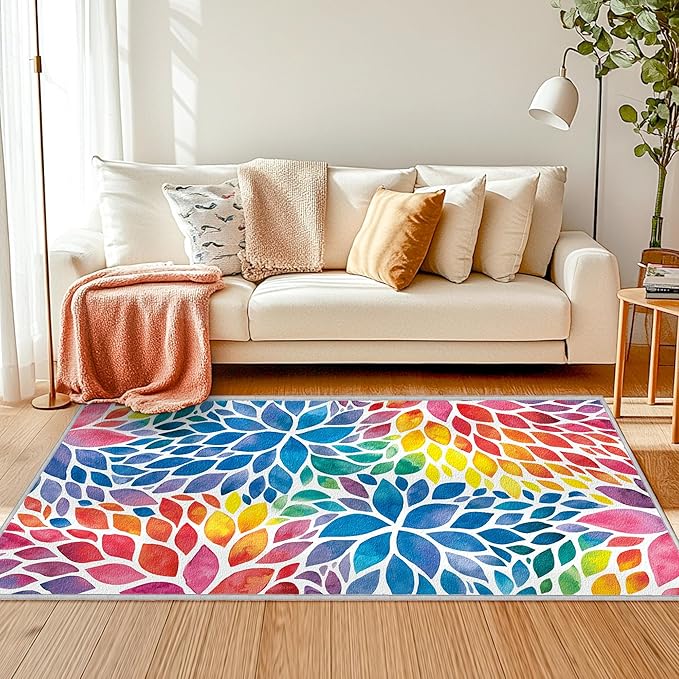 Abstract Rainbow 3x5 Entryway Rugs Colorful Dahlia Floral Rugs Multicolor Area Rug, Non-Slip Machine Washable Entrance Mat Carpet for Playroom Nursery Dining Room Kitchen Laundry 3' x 5'