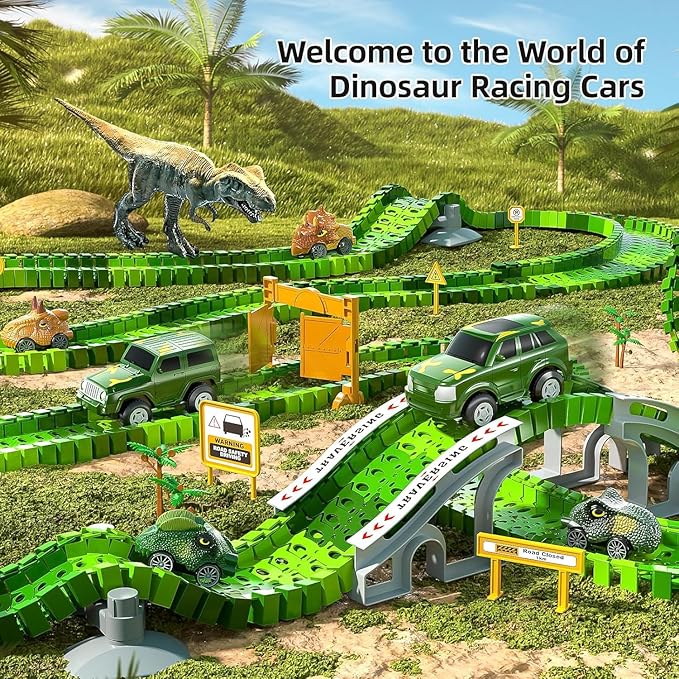 144 Pieces Dinosaur Toys Car Race Tracks Sets for Kids 3 4 5 6 7 8 Years Old - Flexible Tracks Playset with Kids Dinosaur, Electronic Toy Cars for Boys, Birthday Gifts for Toys Toddlers 3-5