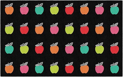 Flagship Carpets Schoolgirl Style Stylish Black & White Brights Apple Sit Spot Classroom Area Rug for Indoor Classroom Learning or Kid Bedroom Educational Play Mat, 7'6" x 12'