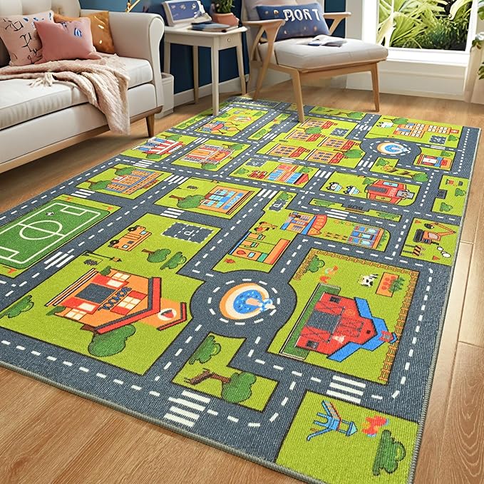 Merelax 3x5 Kids Car Rug Grey Green Area Rugs for Living Room Playroom Classroom Bedroom, Non Slip Kids Play mat Washable Rug, Educational City Traffic Road Map Fun Car Carpet for Ages 3-12