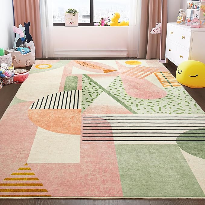 Tepook Pink Area Rug for Living Room, 5x7 Indoor Carpet for Bedroom Washable, Non-Slip Abstract Print Kids Rug for Nursery Playroom Classroom Dorm Office Dining Room