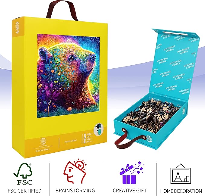 Bear Wooden Jigsaw Puzzles, 200 Pcs Medium Size 11.2'' x 10.2'', Unique Shaped Wood Puzzle, Beautiful Package, Best Gift for Adults