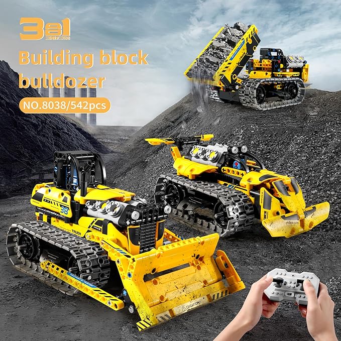 STEM Car Toy Building Block Take Apart Toy, 3in1 Crawler Bulldozer, APP Programming Remote Control, 452 Pcs DIY Building Kit, Learning Engineering Construction R/C Toys